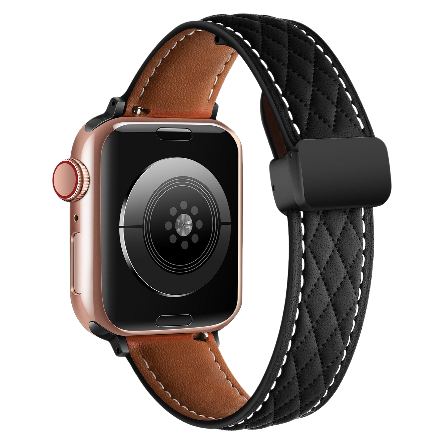Close-up of MOMO textured leather watch band MD-09 showing detailed brown leather with a stitched edge.
