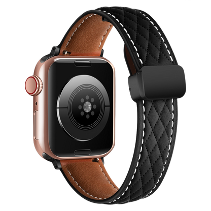 Close-up of MOMO textured leather watch band MD-09 showing detailed brown leather with a stitched edge.