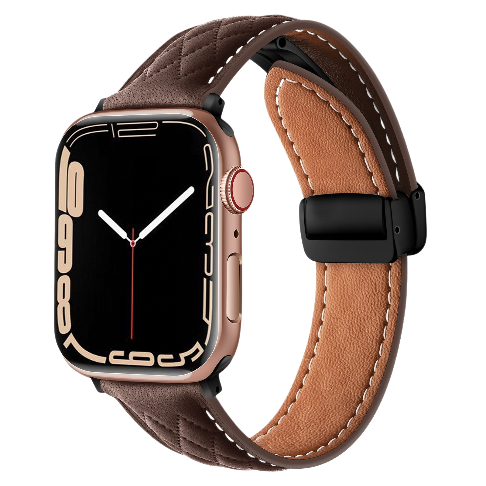 MOMO textured leather watch band MD-09 with detailed stitching, showing close-up of brown leather strap on a neutral background.