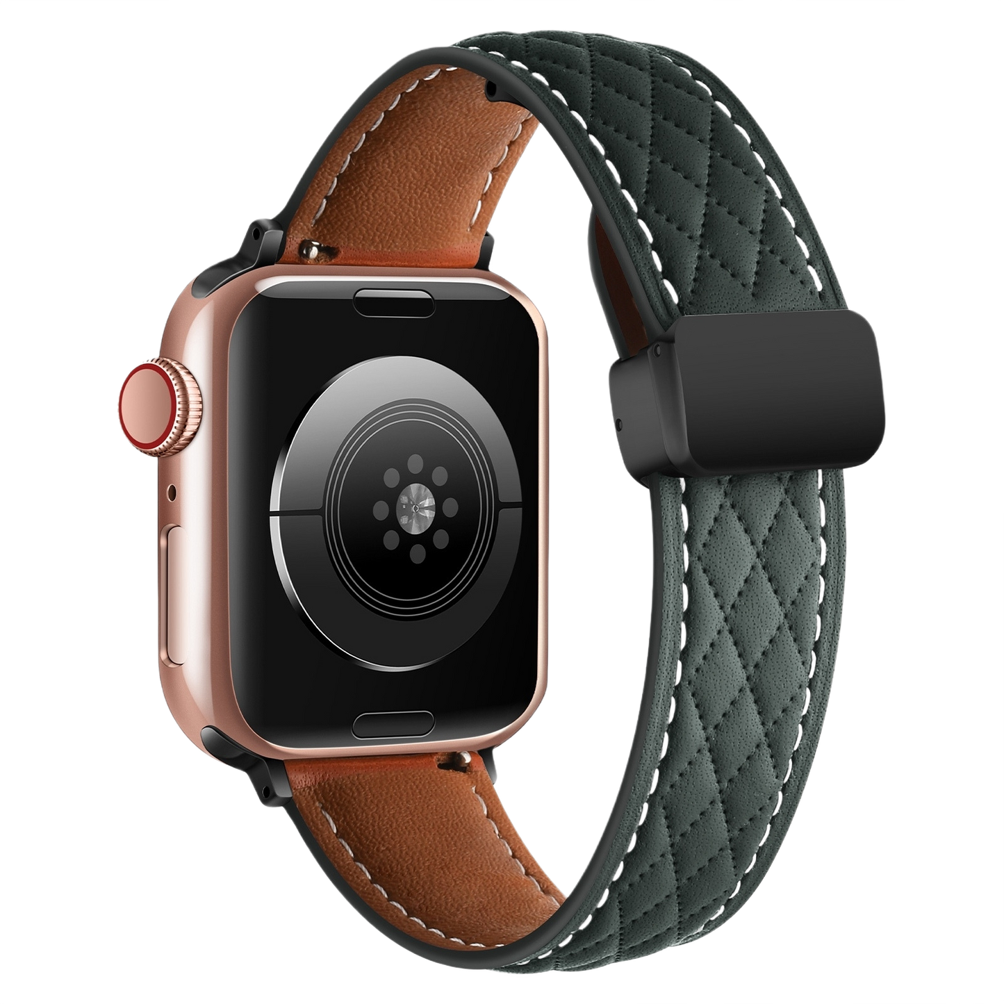 Textured leather watch band by MOMO with a dark brown finish, featuring detailed stitching and a classic buckle closure.