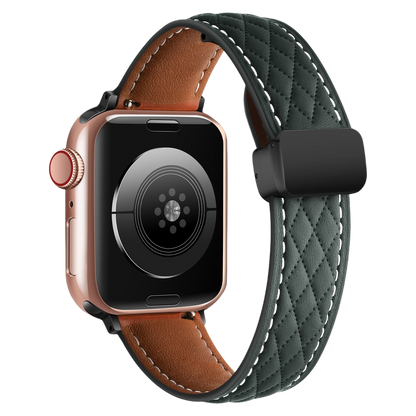 Textured leather watch band by MOMO with a dark brown finish, featuring detailed stitching and a classic buckle closure.
