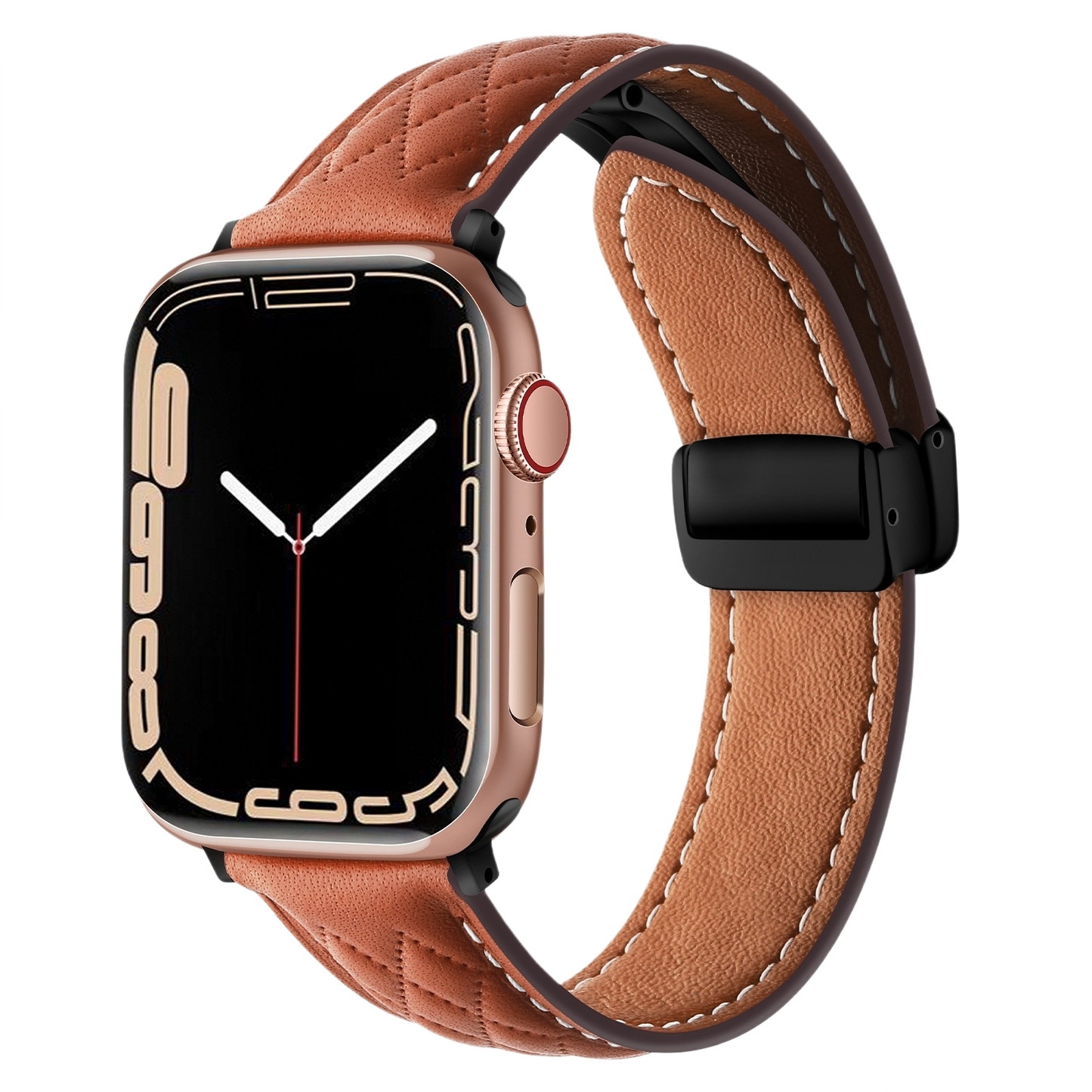 Close-up of MOMO textured leather watch band MD-09, showing its detailed brown leather surface and stitching.