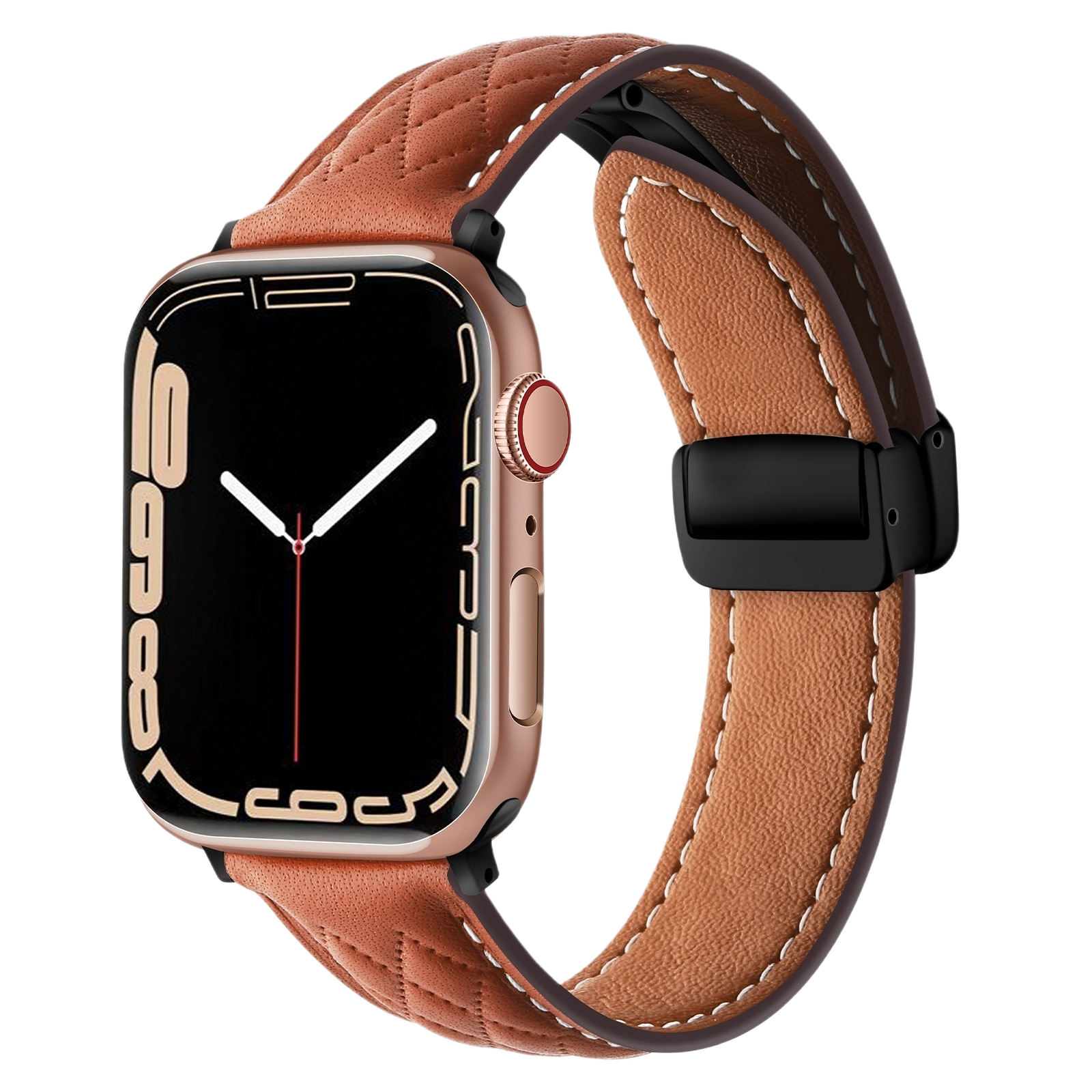 Close-up of MOMO textured leather watch band MD-09, showing its detailed brown leather surface and stitching.