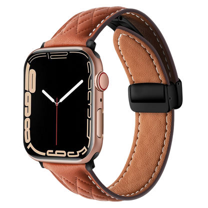 Close-up of MOMO textured leather watch band MD-09, showing its detailed brown leather surface and stitching.