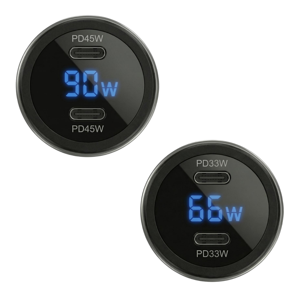 66W–90W Dual PD Car Charger with Digital Display 055504