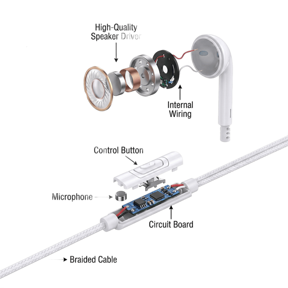 MOMO wired earphones with braided cable and built-in microphone, close-up showing black and silver design.