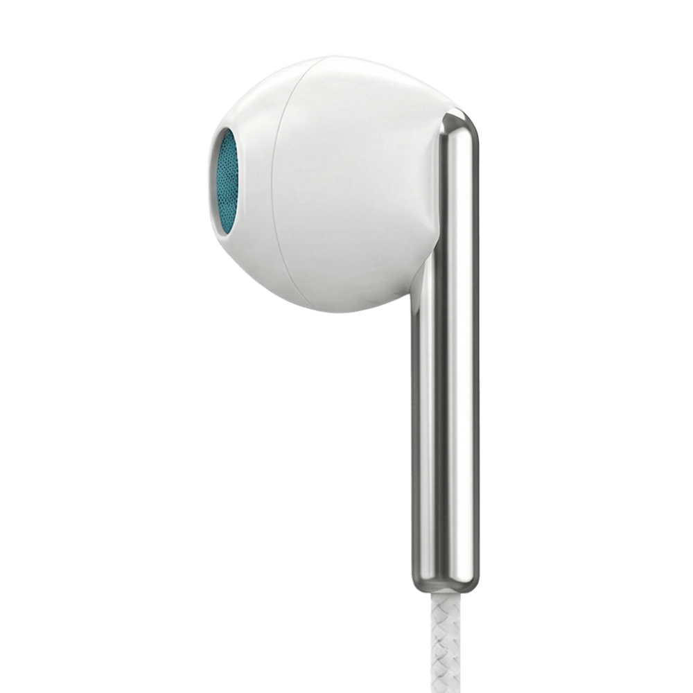 Wired MOMO earphones with HD sound and braided cable, showing sleek black design and in-ear earbuds with inline remote.