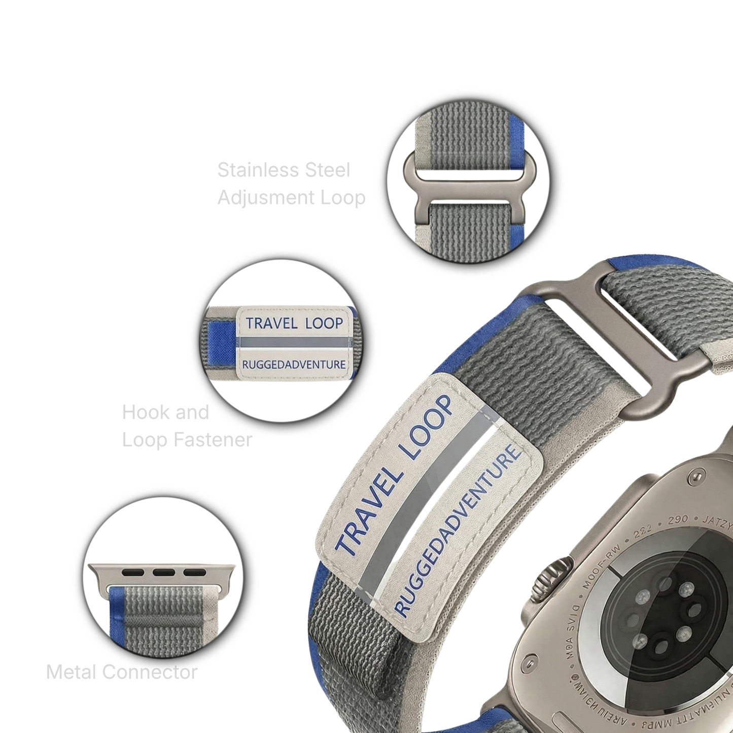 Nylon travel loop Apple Watch band by MOMO, showing a close-up of the durable, adjustable strap with metal buckle.
