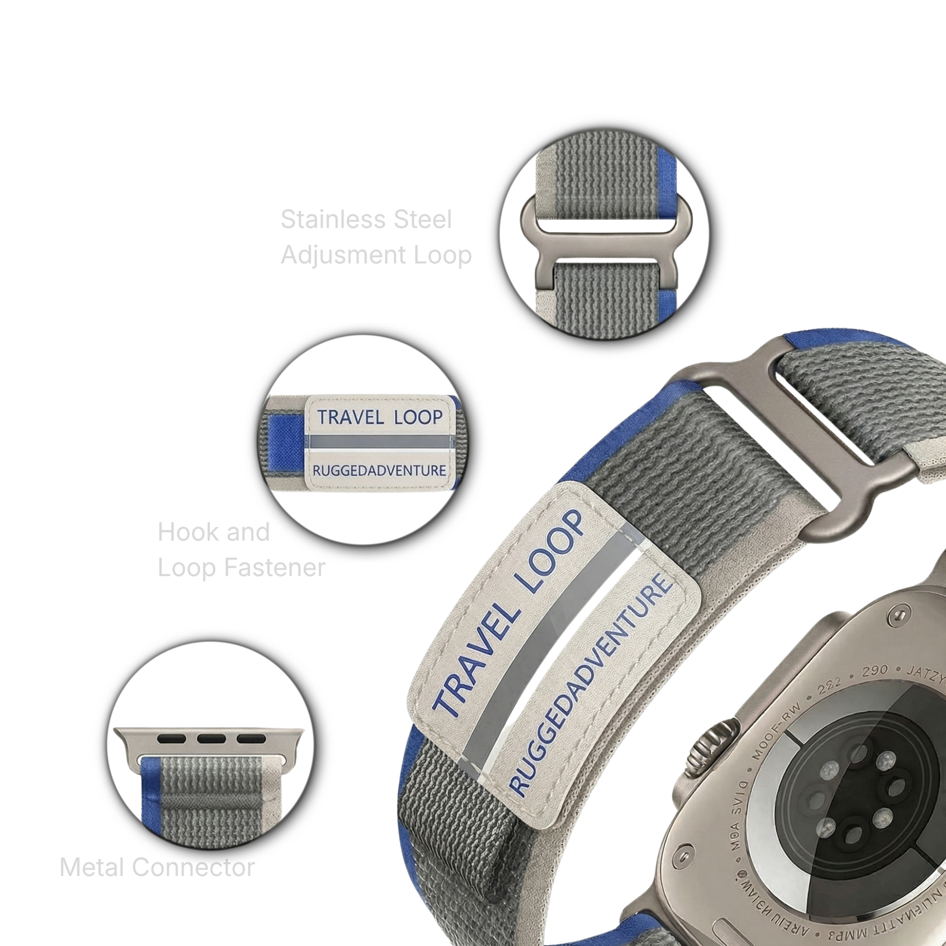 Nylon travel loop Apple Watch band by MOMO, showing a close-up of the durable, adjustable strap with metal buckle.