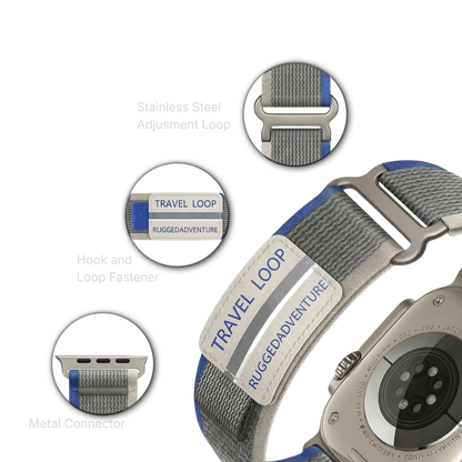 Nylon travel loop Apple Watch band by MOMO, showing a close-up of the durable, adjustable strap with metal buckle.