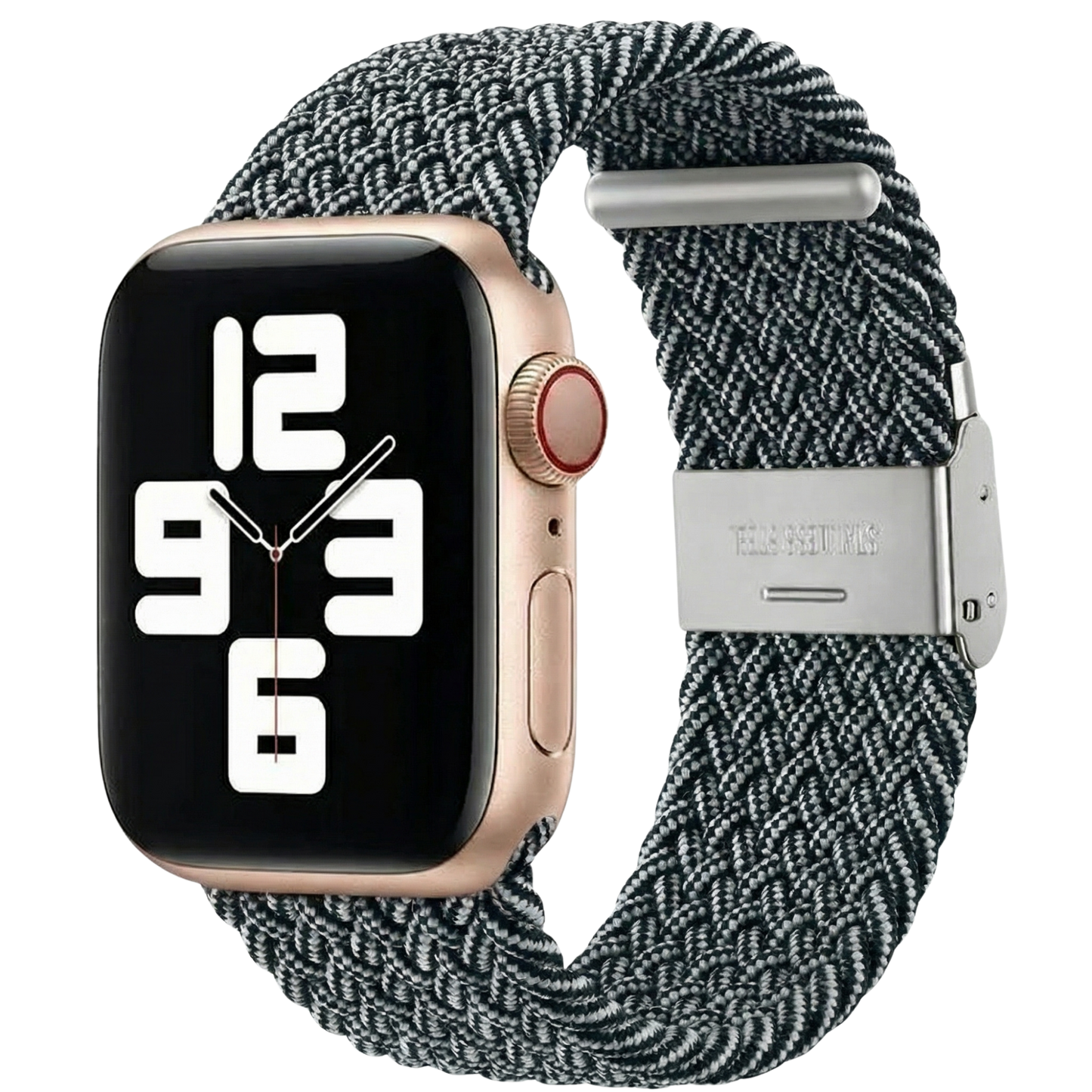 Stretchable braided Apple Watch band by MOMO, showcasing its flexible, stylish design in a close-up shot.