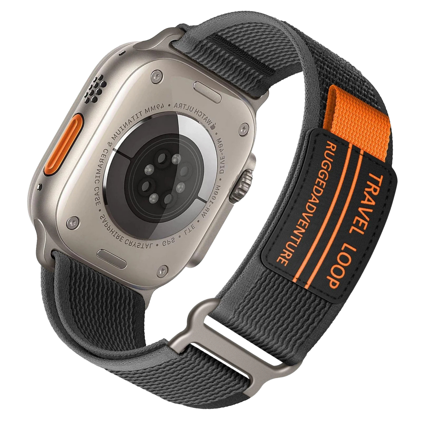 Nylon Travel Loop Apple Watch band by MOMO with adjustable strap and secure fastening, designed for comfortable wear.