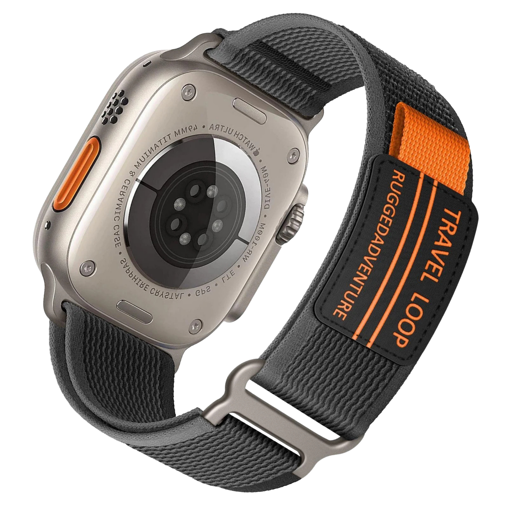 Nylon Travel Loop Apple Watch band by MOMO with adjustable strap and secure fastening, designed for comfortable wear.