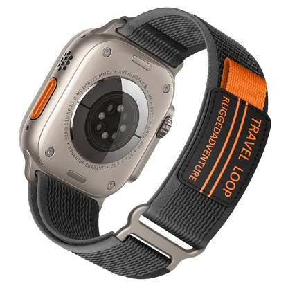 Nylon Travel Loop Apple Watch band by MOMO with adjustable strap and secure fastening, designed for comfortable wear.